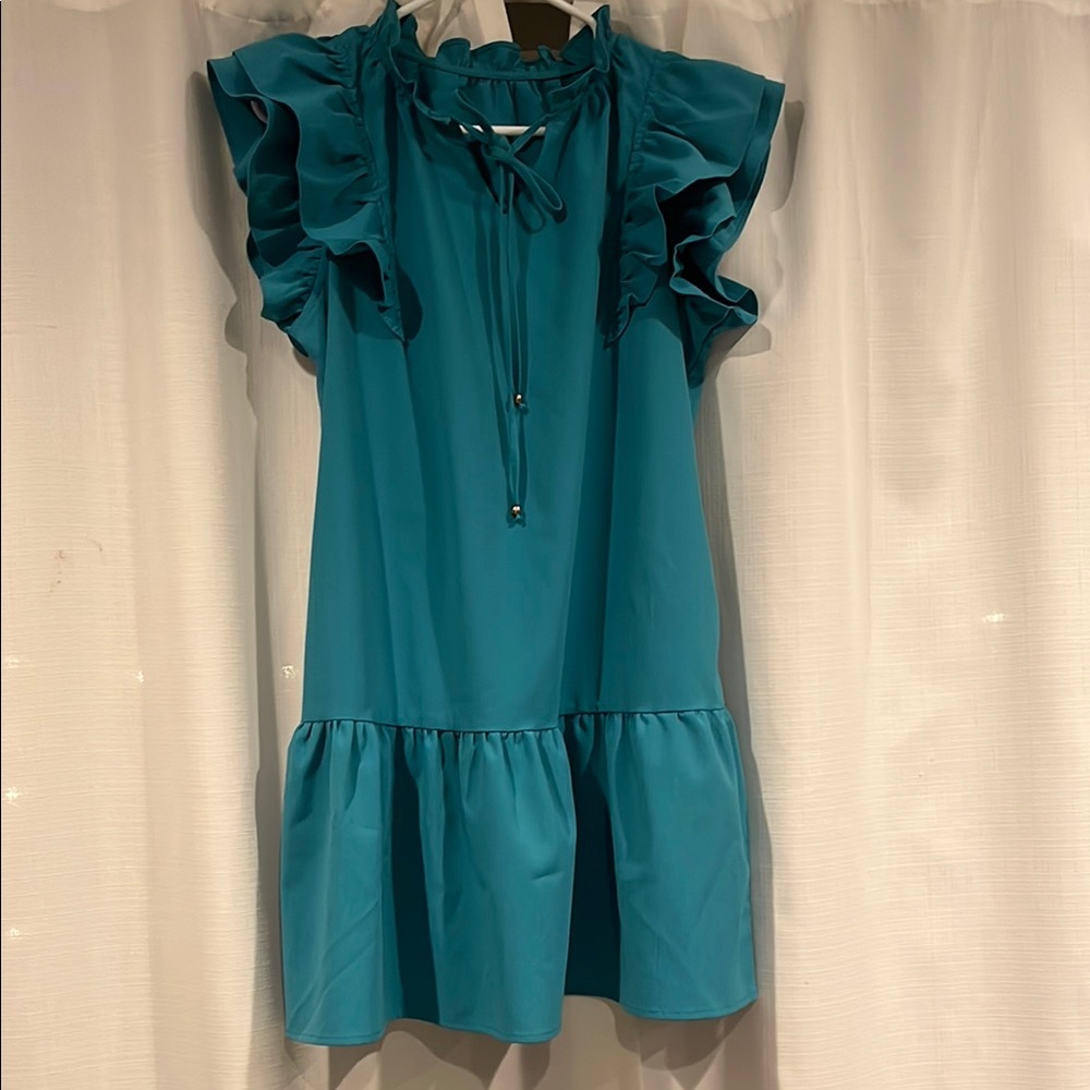 Teal Ruffle Sleeve Dress